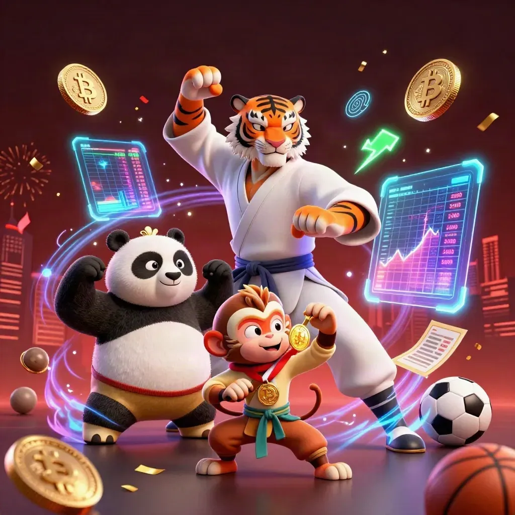 Kung-fu tiger, panda, and monkey amid neon sports-casino coins, balls, lightning, and confetti.