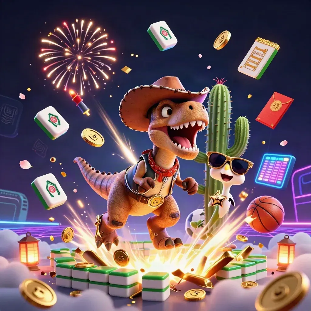 Cowboy T-Rex, cactus, and roadrunner amid gold coins, lanterns, fireworks, and neon casino glow.