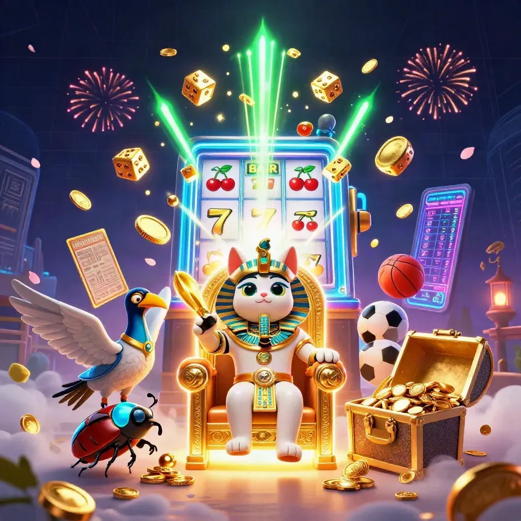 Pharaoh cat, ibis scribe and scarabs amid casino gold bursts and sports betting icons.