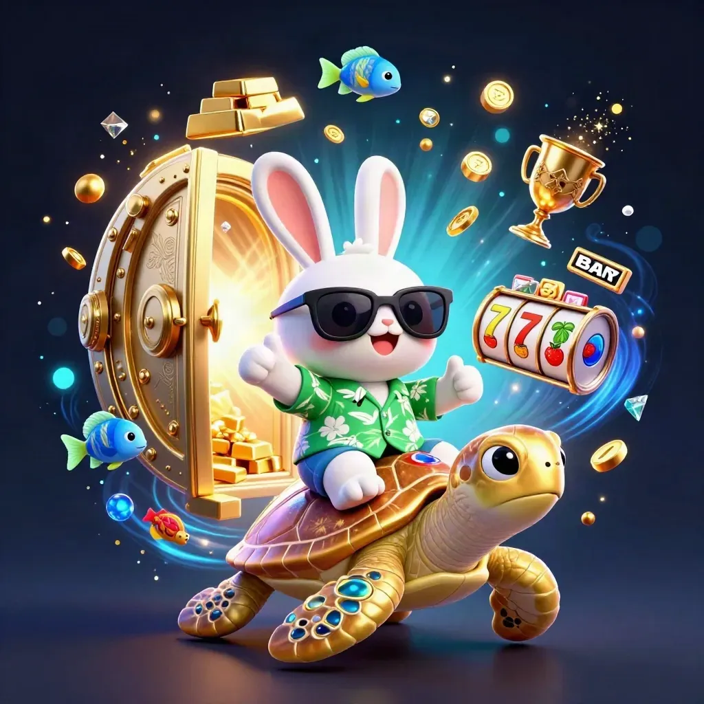 Lucky rabbit on a jeweled sea turtle amid gold vault loot and slot symbols in a neon casino glow.