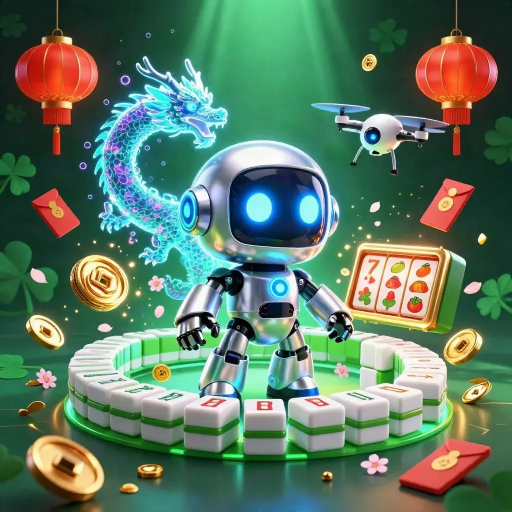 Cyberpunk robot, holographic dragon, and coin drone amid casino charms and glowing slot symbols.