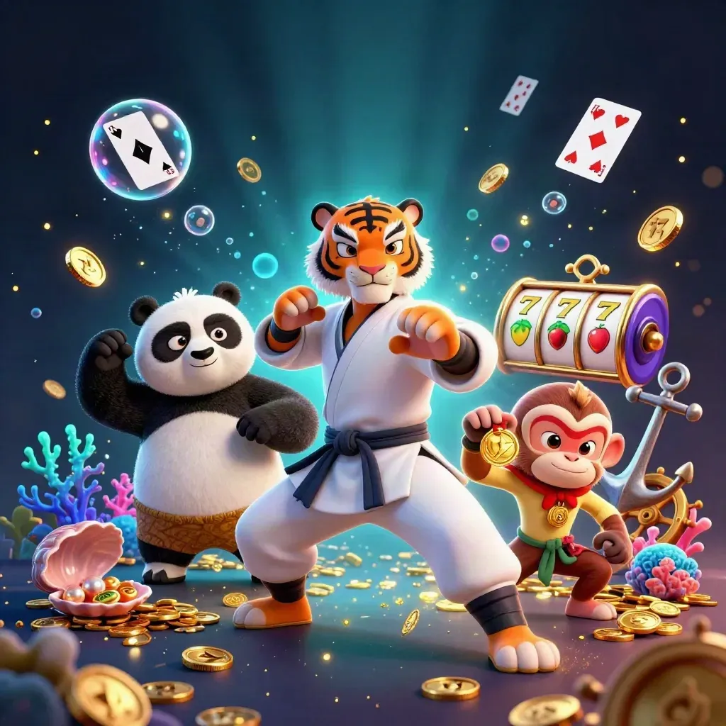 Kung-fu tiger, panda, and monkey amid underwater casino treasure, coins, reels, and glowing coral.