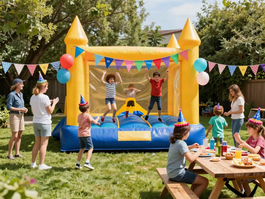 Kids playing in a colorful bounce castle at a festive outdoor birthday party.